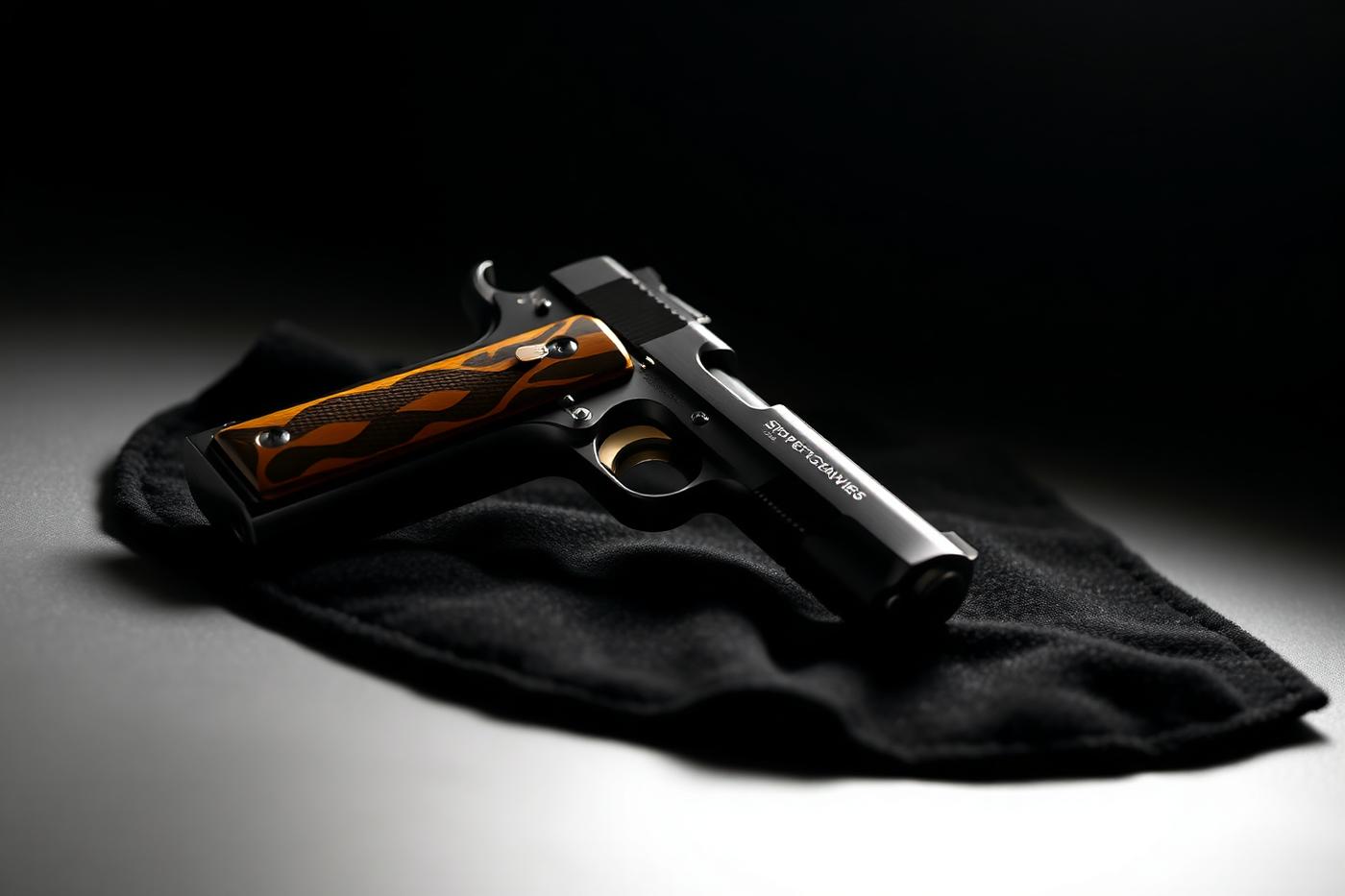 Steel 1911-pattern pistol on dark felt