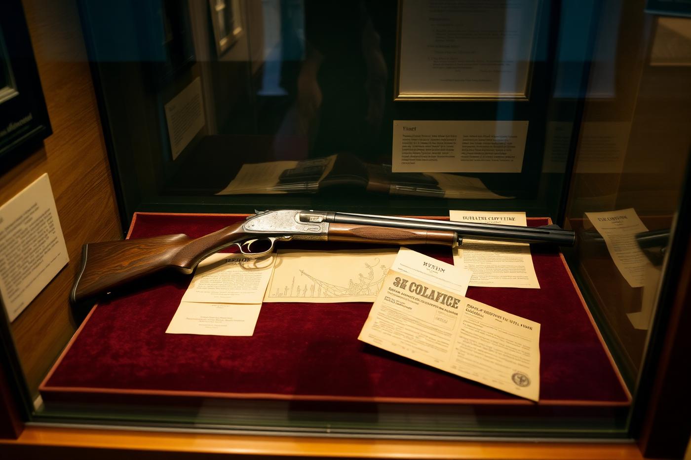 Collector display case with a vintage firearm and its paperwork