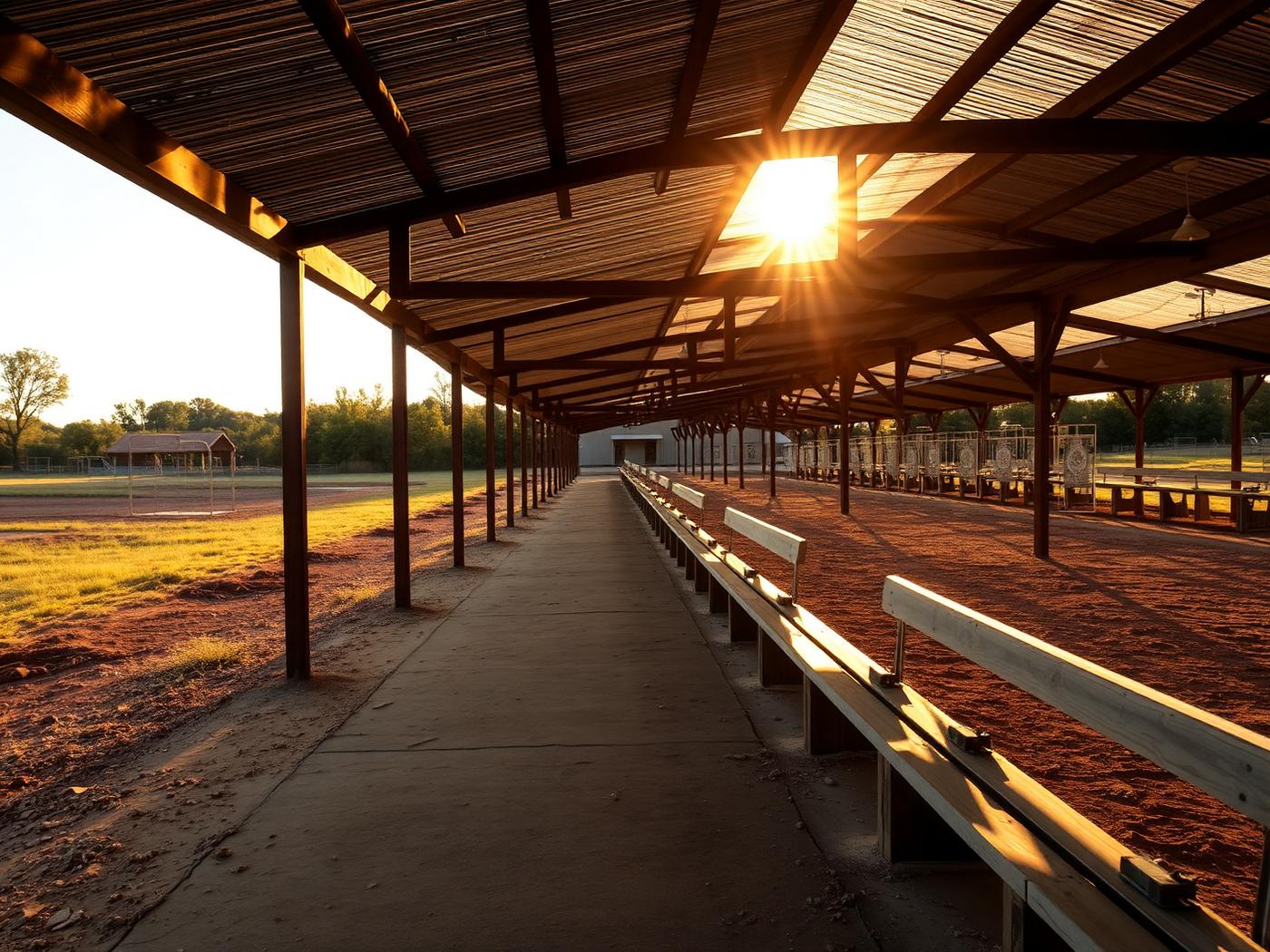 Covered firing line at a North Texas shooting range at golden hour