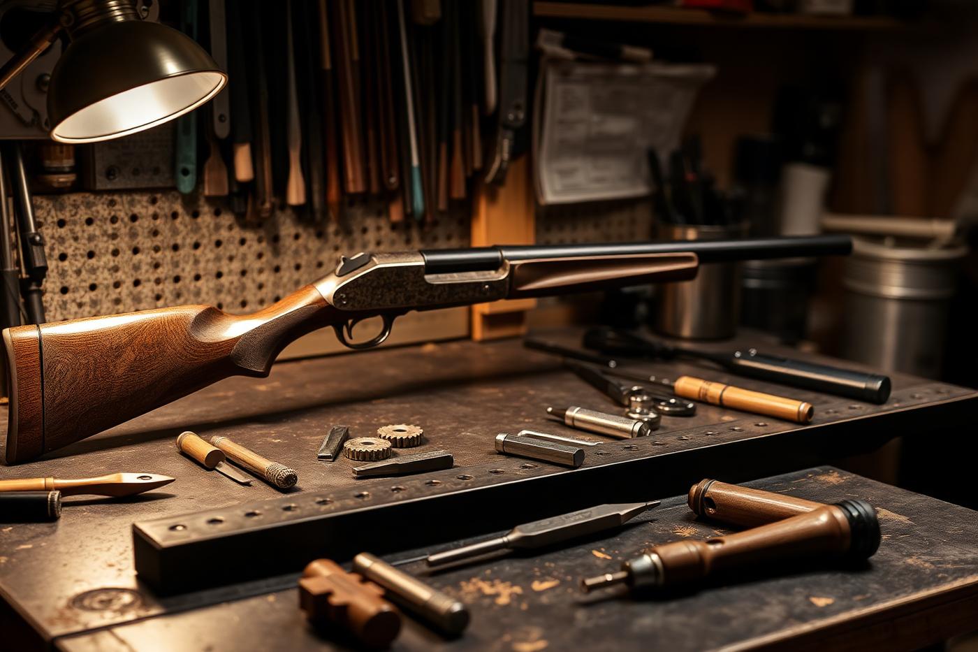 Gunsmith bench with hand tools and custom firearm work