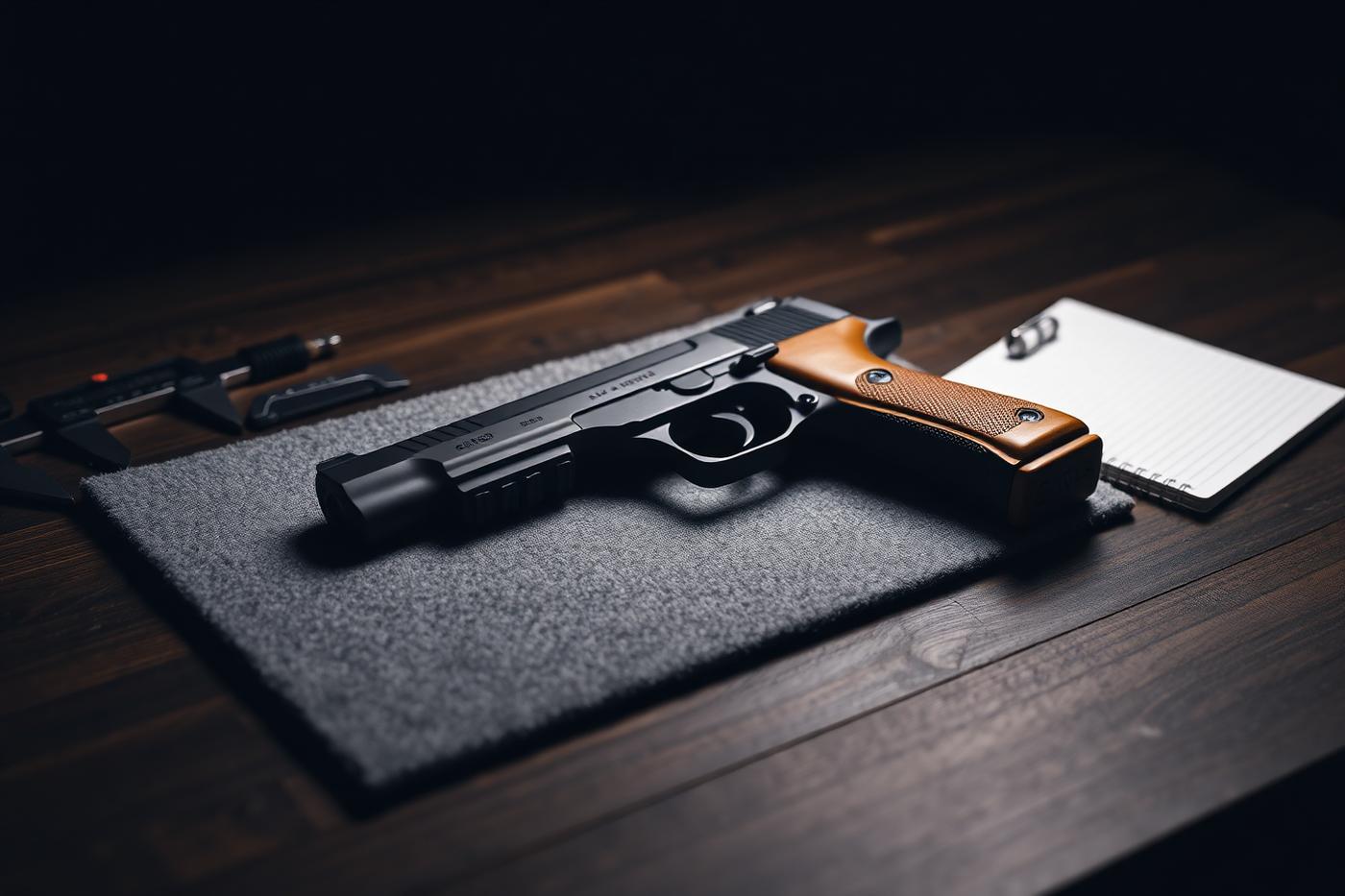 Semi-automatic pistol on an evaluation bench