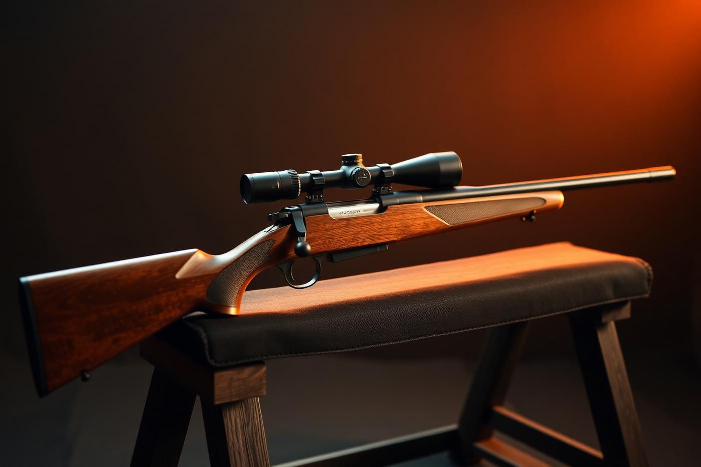 Scoped wood-stocked hunting rifle on a bench rest