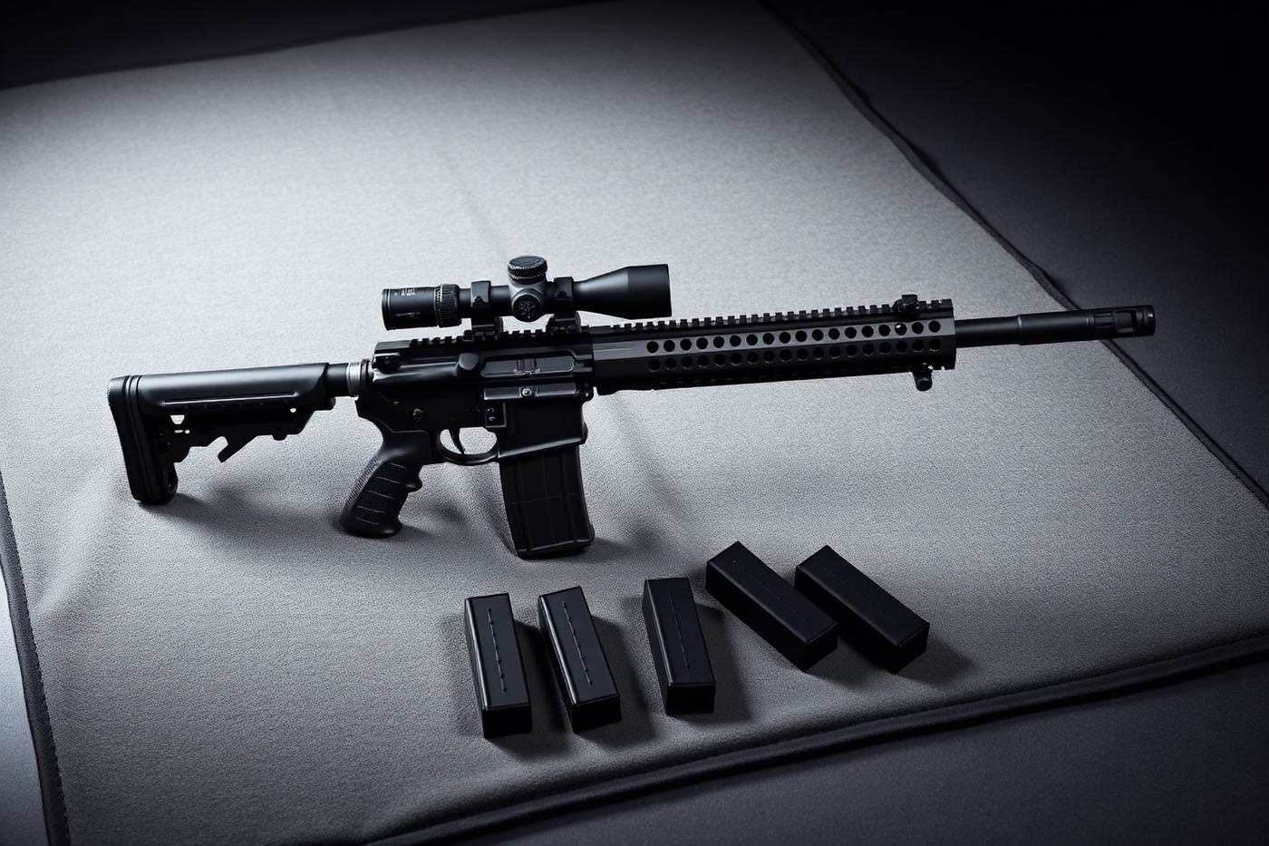 Modern semi-automatic rifle with magazines on a range mat