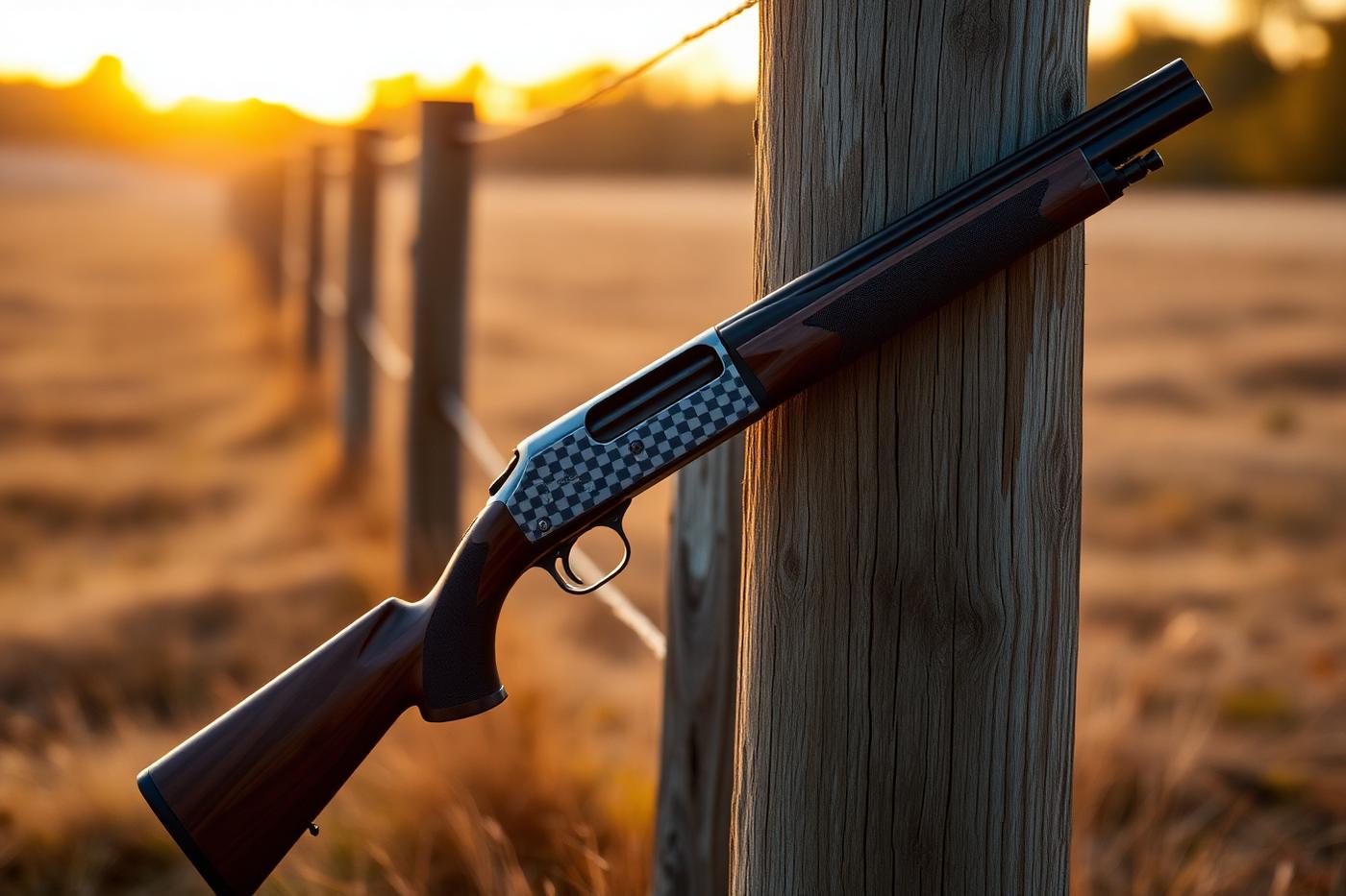 Field shotgun resting against a fence post at golden hour